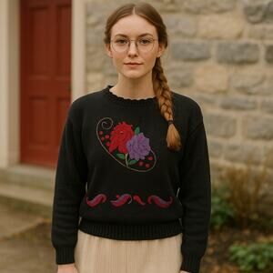 Vintage Black Embroidered Floral‎ Knit Sweater with Ribbed Waist Hem M